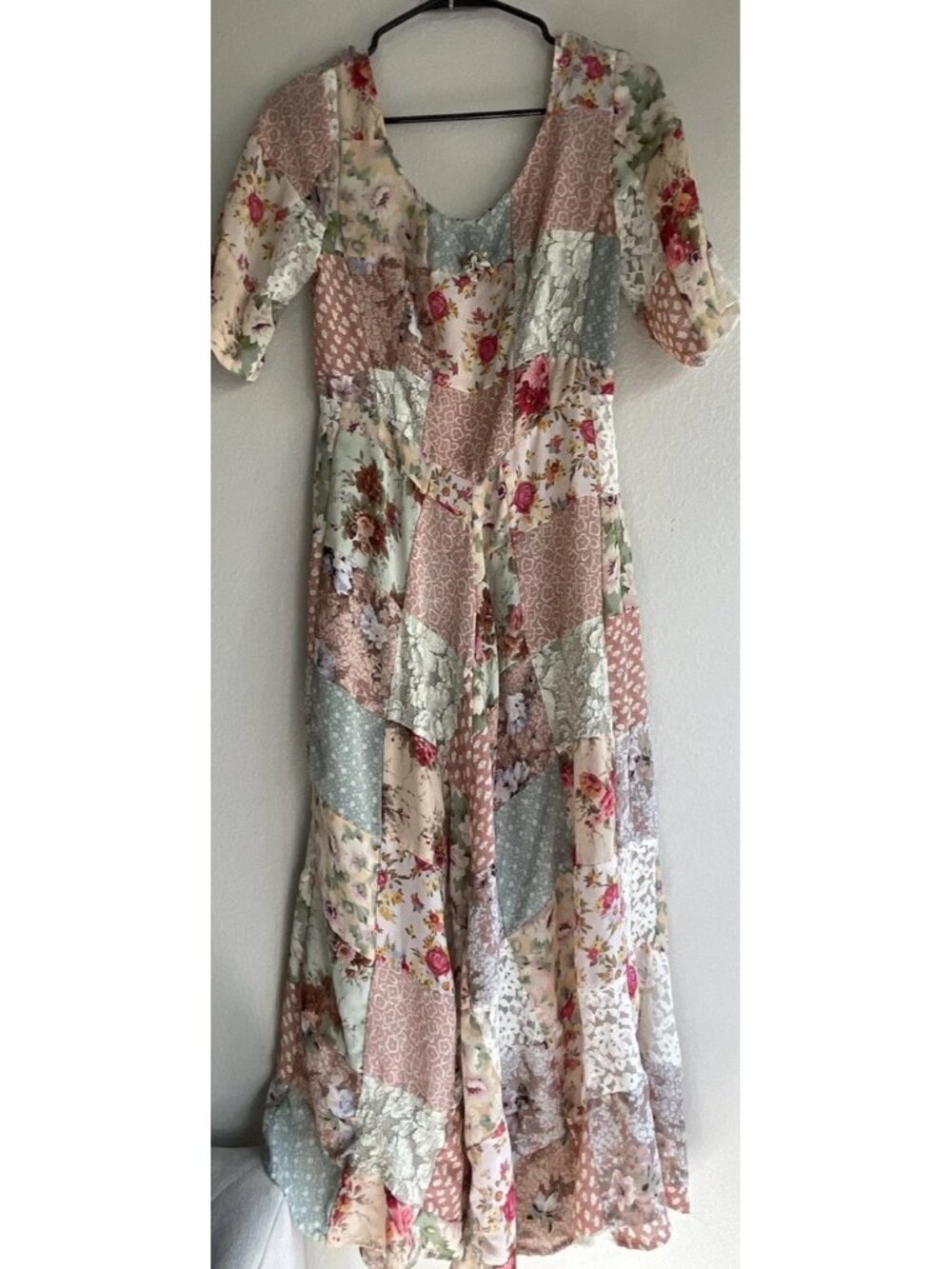 vintage CDC patchwork style boho dress mixed floral prints lace Women’s Sz XS
